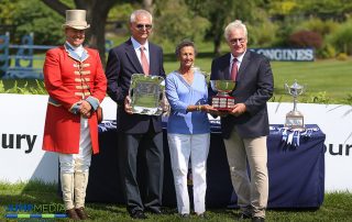 From left to right: Ringmaster Alan Keeley, Old Salem Farm Manager Alan Bietsch, Old Salem Farm Foundation Lifetime Achievement Award recipient Sandra Ruiz, and Old Salem Farm Trainer Frank Madden. Photo by Jump Media